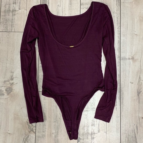Sam Edelman bodysuit long sleeve boatneck thong maroon purple S - Picture 3 of 4
